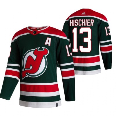 New Jersey New Jersey Devils #13 Nico Hischier Green Men's Adidas 2020-21 Reverse Retro Alternate NHL Jersey